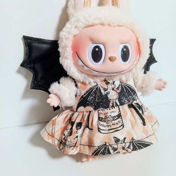 Custom Spooky Halloween Bat Dress and Faux Leather Bat Wings Made to fit Labubu - Picture 2 of 5
